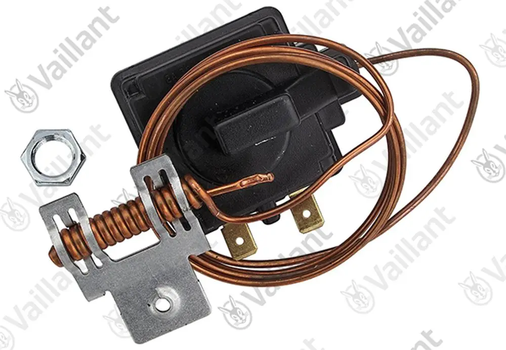 Vaillant Temperaturbegrenzer mit Kupferdraht und Metallhalterung. Das Gerät enthält elektrische Anschlüsse und ist für Abgasanwendungen konzipiert.